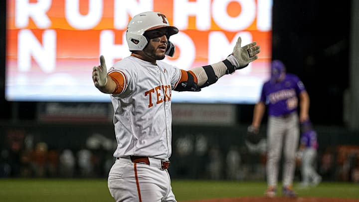 Texas Longhorns catcher Rylan Galvan (6) celebrates a home run during the game against LSU at UFCU Disch-Falk Field on Friday, March. 21, 2025.