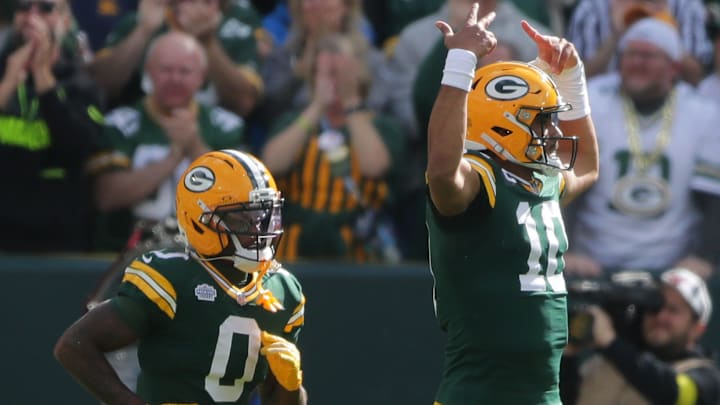Green Bay Packers quarterback Jordan Love (10) and wide receiver Matthew Golden (0) against the Detroit Lions on Sunday, September 7, 2025, at Lambeau Field in Green Bay, Wis. 
Wm. Glasheen USA TODAY NETWORK-Wisconsin