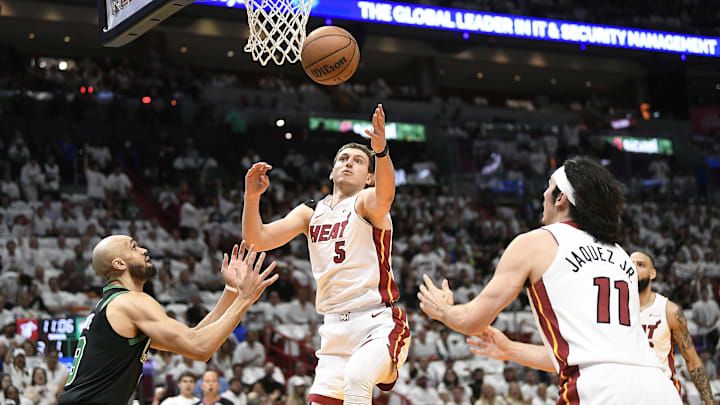 Apr 29, 2024; Miami, Florida, USA; Miami Heat forward Nikola Jovic (5) reaches for the ball in front; Credit: Michael Laughlin-USA TODAY Sports Apr 29, 2024; Miami, Florida, USA; Miami Heat forward Nikola Jovic (5) reaches for the ball in front; Credit: Michael Laughlin-USA TODAY Sports