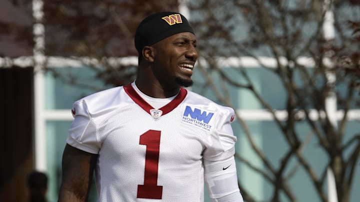 Washington Commanders wide receiver Deebo Samuel Sr. (1) walks out of team headquarters onto the fields prior to practice on day one of training camp at OrthoVirginia Training Center at Commanders Park. Washington Commanders wide receiver Deebo Samuel Sr. (1) walks out of team headquarters onto the fields prior to practice on day one of training camp at OrthoVirginia Training Center at Commanders Park.