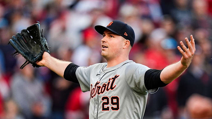 Detroit Tigers pitcher Tarik Skubal (29) celebrates after a double play against Cleveland Guardians in the sixth inning of Game 2 of ALDS at Progressive Field in Cleveland, Ohio on Monday, Oct. 7, 2024.