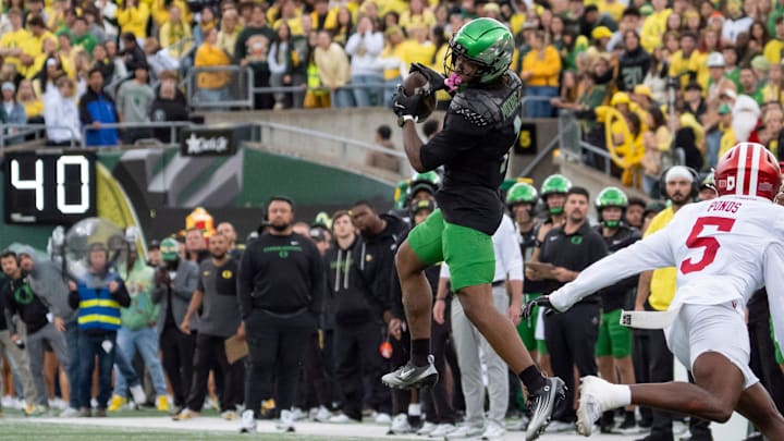Oregon wide receiver Dakorien Moore is quarterback Dante Moore’s top target this season.