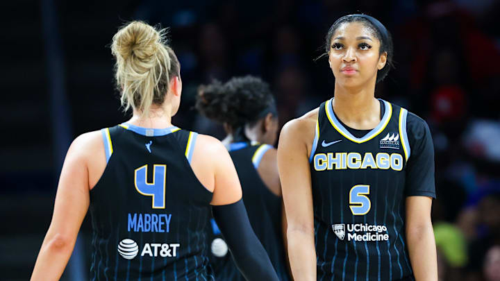 May 15, 2024; Arlington, Texas, USA; Chicago Sky forward Angel Reese (5) and Chicago Sky guard Marina Mabrey (4) react during the second half against the Dallas Wings at College Park Center. Mandatory Credit: Kevin Jairaj-Imagn Images May 15, 2024; Arlington, Texas, USA; Chicago Sky forward Angel Reese (5) and Chicago Sky guard Marina Mabrey (4) react during the second half against the Dallas Wings at College Park Center. Mandatory Credit: Kevin Jairaj-Imagn Images