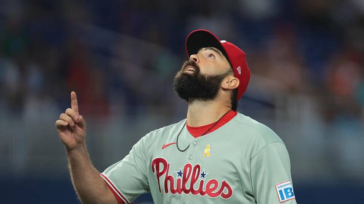 Sep 7, 2025; Miami, Florida, USA; Philadelphia Phillies relief pitcher Lou Trivino (57) reacts against the Miami Marlins during the eighth inning at loanDepot Park. Mandatory Credit: Sam Navarro-Imagn Images Sep 7, 2025; Miami, Florida, USA; Philadelphia Phillies relief pitcher Lou Trivino (57) reacts against the Miami Marlins during the eighth inning at loanDepot Park. Mandatory Credit: Sam Navarro-Imagn Images