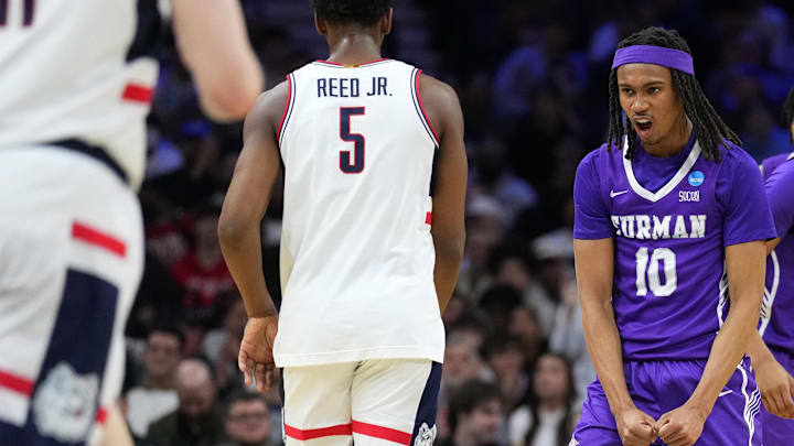 Mar 20, 2026; Philadelphia, PA, USA; Furman Paladins guard Alex Wilkins (10) reacts in the first half during a first round game of the men's 2026 NCAA Tournament at Xfinity Mobile Arena. Mandatory Credit: Kyle Ross-Imagn Images