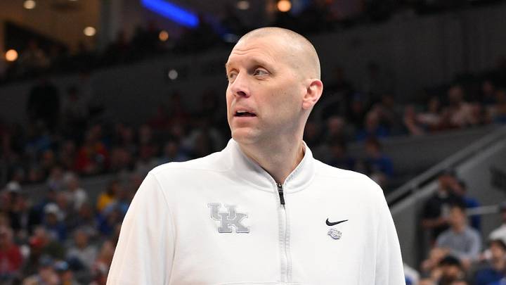Mar 20, 2026; St. Louis, MO, USA; Kentucky Wildcats head coach Mark Pope looks on against the Santa Clara Broncos during the first half of a first round game of the men's 2026 NCAA Tournament at Enterprise Center. Mandatory Credit: Jeff Curry-Imagn Images Mar 20, 2026; St. Louis, MO, USA; Kentucky Wildcats head coach Mark Pope looks on against the Santa Clara Broncos during the first half of a first round game of the men's 2026 NCAA Tournament at Enterprise Center. Mandatory Credit: Jeff Curry-Imagn Images