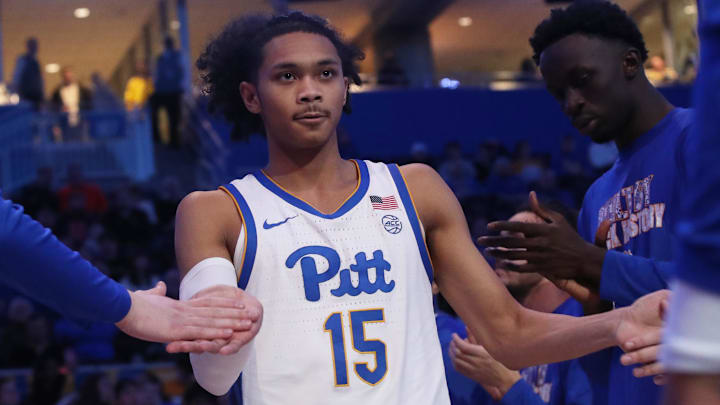 Feb 18, 2025; Pittsburgh, Pennsylvania, USA;  Pittsburgh Panthers guard Jaland Lowe (15) during player introductions against the Syracuse Orange at the Petersen Events Center. Mandatory Credit: Charles LeClaire-Imagn Images