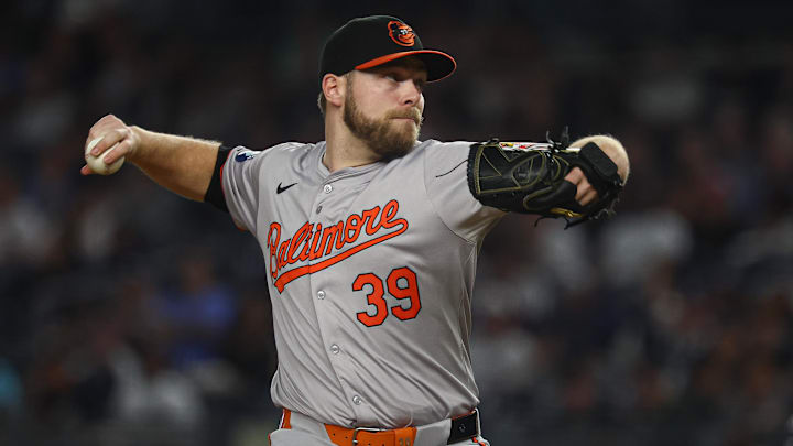 Sep 26, 2024; Bronx, New York, USA; Baltimore Orioles starting pitcher Corbin Burnes (39) delivers a pitch during the first inning against the New York Yankees at Yankee Stadium. 