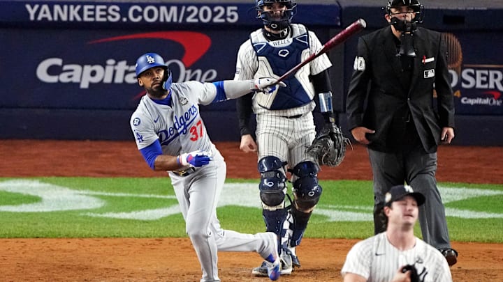 Oct 30, 2024; New York, New York, USA; Los Angeles Dodgers outfielder Teoscar Hernandez (37) hits a two RBI double during the fifth inning against the New York Yankees in game four of the 2024 MLB World Series at Yankee Stadium. Mandatory Credit: Robert Deutsch-Imagn Images Oct 30, 2024; New York, New York, USA; Los Angeles Dodgers outfielder Teoscar Hernandez (37) hits a two RBI double during the fifth inning against the New York Yankees in game four of the 2024 MLB World Series at Yankee Stadium. Mandatory Credit: Robert Deutsch-Imagn Images
