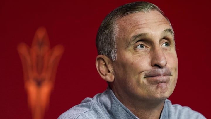 Arizona State Sun Devils head coach Bobby Hurley talks to media during the Big 12 Men’s Basketball Media Day at T-Mobile Center in Kansas City.