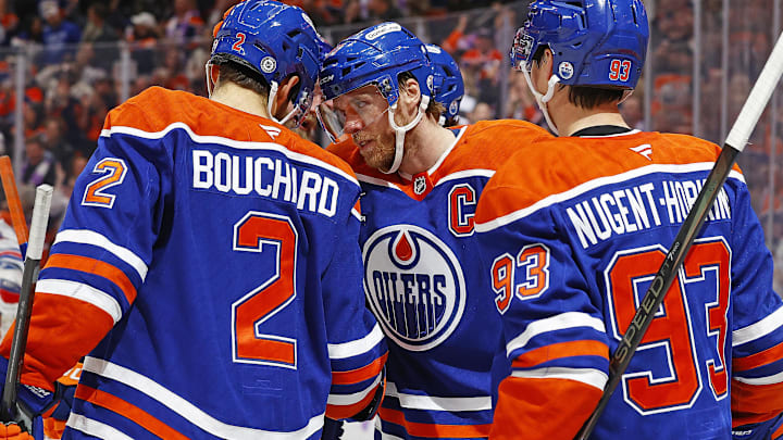 Edmonton Oilers forward Connor McDavid (97) celebrates after scoring a goal during the third period against the New York Rangers