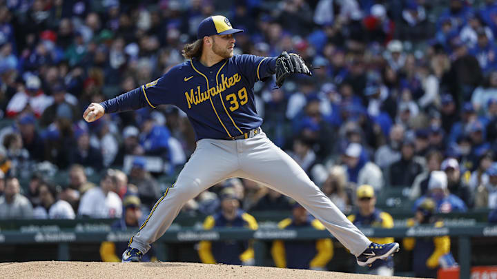 Mar 30, 2023; Chicago, Illinois, USA; Milwaukee Brewers starting pitcher Corbin Burnes (39) delivers