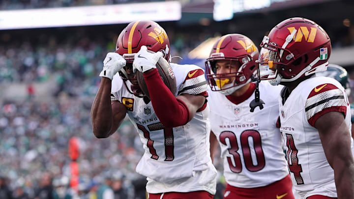 Jan 26, 2025; Philadelphia, PA, USA; Washington Commanders wide receiver Terry McLaurin (17) reacts after a play against the Philadelphia Eagles during the first half in the NFC Championship game at Lincoln Financial Field. Mandatory Credit: Bill Streicher-Imagn Images