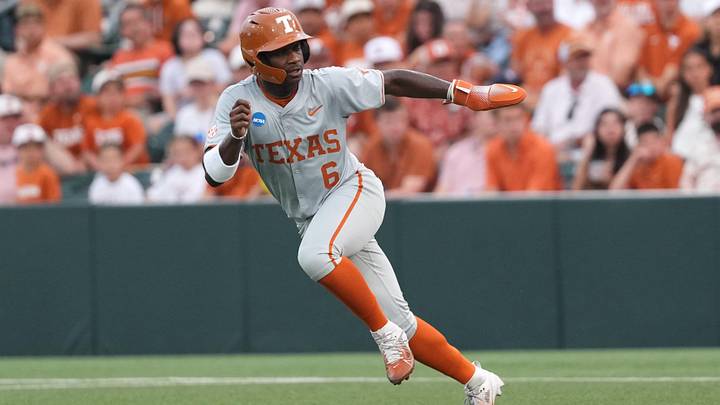 Texas Longhorns outfielder Anthony Pack Jr. runs to second base against the Oregon Ducks in the Austin Super Regional. Texas Longhorns outfielder Anthony Pack Jr. runs to second base against the Oregon Ducks in the Austin Super Regional.