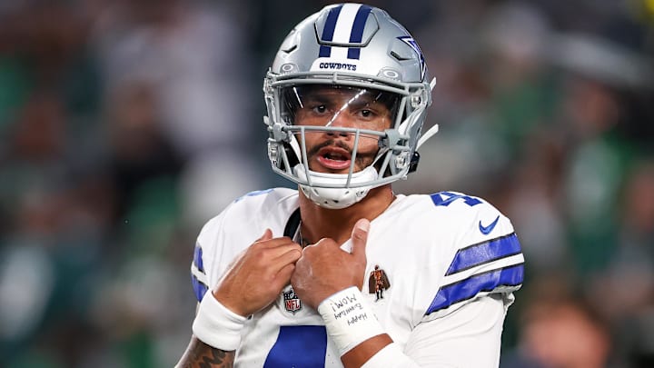 Dallas Cowboys QB Dak Prescott looks on during warmups prior to the game against the Philadelphia Eagles.