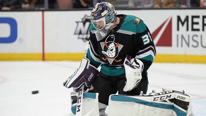 December 31, 2018; Anaheim, CA, USA; Anaheim Ducks goaltender John Gibson (36) blocks a shot against the Tampa Bay Lightning during the first period at Honda Center. Mandatory Credit: Gary A. Vasquez-USA TODAY Sports December 31, 2018; Anaheim, CA, USA; Anaheim Ducks goaltender John Gibson (36) blocks a shot against the Tampa Bay Lightning during the first period at Honda Center. Mandatory Credit: Gary A. Vasquez-USA TODAY Sports
