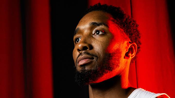 Sep 28, 2026; Cleveland, OH, USA; Cleveland Cavaliers guard Donovan Mitchell (45) poses for a photo during media day at Rocket Arena. Mandatory Credit: Ken Blaze-Imagn Images