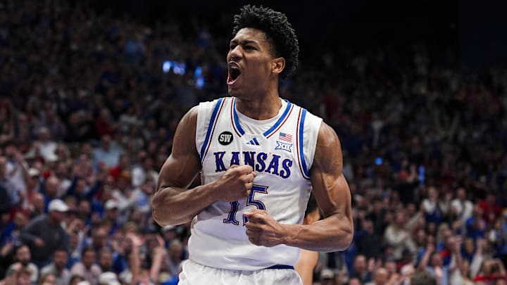 Jan 13, 2026; Lawrence, Kansas, USA; Kansas Jayhawks forward Bryson Tiller (15) celebrates after scoring during the second half against the Iowa State Cyclones at Allen Fieldhouse. Mandatory Credit: Jay Biggerstaff-Imagn Images