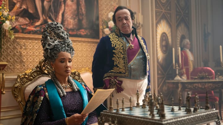 Bridgerton. (L to R) Golda Rosheuvel as Queen Charlotte, Hugh Sachs as Brimsley in episode 402 of Bridgerton Bridgerton. (L to R) Golda Rosheuvel as Queen Charlotte, Hugh Sachs as Brimsley in episode 402 of Bridgerton
