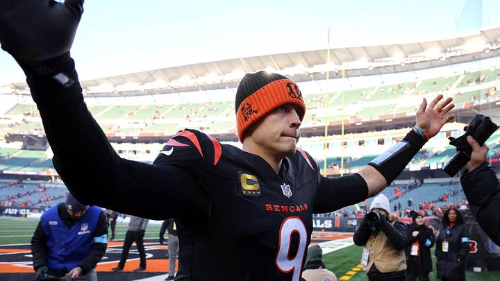 Dec 22, 2024; Cincinnati, Ohio, USA;  Cincinnati Bengals quarterback Joe Burrow (9) celebrates a win against the Cleveland Browns at Paycor Stadium. Mandatory Credit: Joseph Maiorana-Imagn Images