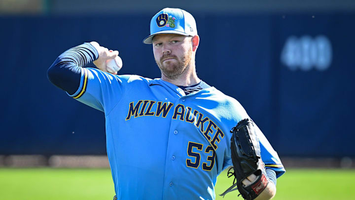 Milwaukee Brewers pitcher Brandon Woodruff (53) throws in the outfield during spring training workouts Saturday, February 14, 2026, at American Family Fields of Phoenix in Phoenix, Arizona.