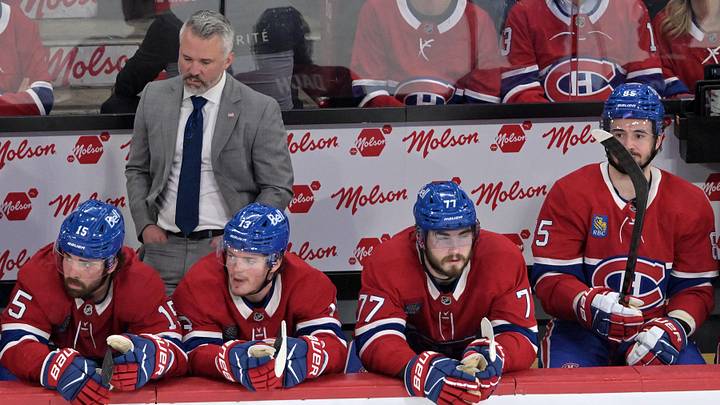 May 27, 2026; Montreal, Quebec, CAN; Montreal Canadiens head coach Martin St. Louis during the third period in game four of the Eastern Conference Final of the 2026 Stanley Cup Playoffs at Bell Centre. Mandatory Credit: Eric Bolte-Imagn Images