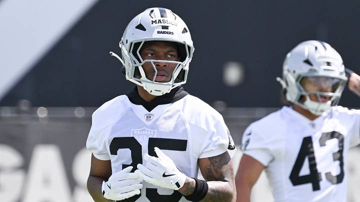 Jun 3, 2026; Henderson, NV, USA; Las Vegas Raiders cornerback Hezekiah Masses (35) runs a drill during organized team activities at Intermountain Health Performance Center. Mandatory Credit: Candice Ward-Imagn Images Jun 3, 2026; Henderson, NV, USA; Las Vegas Raiders cornerback Hezekiah Masses (35) runs a drill during organized team activities at Intermountain Health Performance Center. Mandatory Credit: Candice Ward-Imagn Images