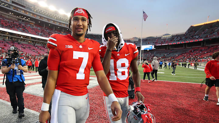 Oct 1, 2022; Columbus, Ohio, USA;  Ohio State Buckeyes quarterback C.J. Stroud (7) and wide receiver