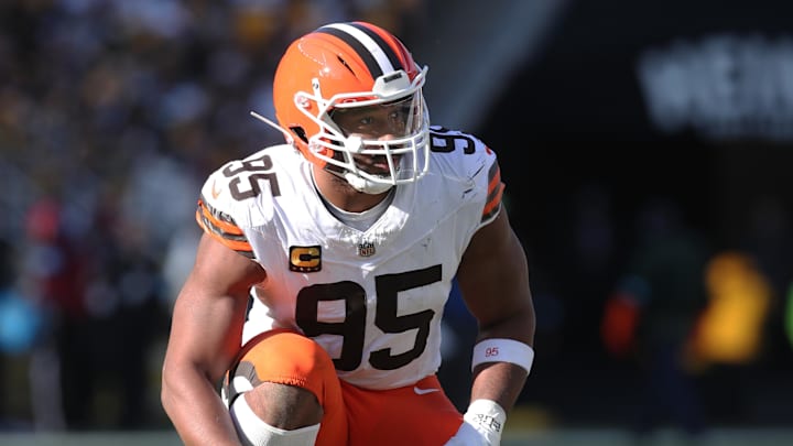 Dec 8, 2024; Pittsburgh, Pennsylvania, USA;  Cleveland Browns defensive end Myles Garrett (95) at the line of scrimmage against the Pittsburgh Steelers during the second quarter at Acrisure Stadium. Mandatory Credit: Charles LeClaire-Imagn Images