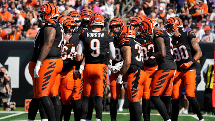 The Cincinnati Bengals quarterback Joe Burrow and the Bengals offensive huddle as they face the Baltimore Ravens Sunday October 6, 2024 at Payor Stadium. The Cincinnati Bengals quarterback Joe Burrow and the Bengals offensive huddle as they face the Baltimore Ravens Sunday October 6, 2024 at Payor Stadium.