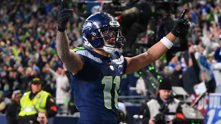 Jan 25, 2026; Seattle, WA, USA; Seattle Seahawks wide receiver Jaxon Smith-Njigba (11) celebrates after scoring a touchdown against the Los Angeles Rams during the first half in the 2026 NFC Championship Game at Lumen Field. Mandatory Credit: Steven Bisig-Imagn Images Jan 25, 2026; Seattle, WA, USA; Seattle Seahawks wide receiver Jaxon Smith-Njigba (11) celebrates after scoring a touchdown against the Los Angeles Rams during the first half in the 2026 NFC Championship Game at Lumen Field. Mandatory Credit: Steven Bisig-Imagn Images