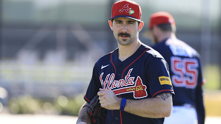 Feb 10, 2026; North Port, FL, USA; Atlanta Braves pitcher Spencer Strider (99) works out during spring training workouts.