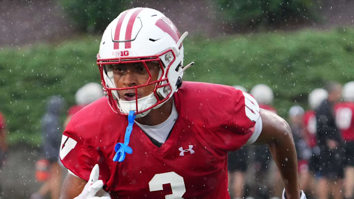 Wisconsin cornerback Nyzier Fourqurean (3) runs a drill during football practice Wednesday, July 30, 2025, at Ralph E. Davis Pioneer Stadium in Platteville, Wisconsin. Wisconsin cornerback Nyzier Fourqurean (3) runs a drill during football practice Wednesday, July 30, 2025, at Ralph E. Davis Pioneer Stadium in Platteville, Wisconsin.