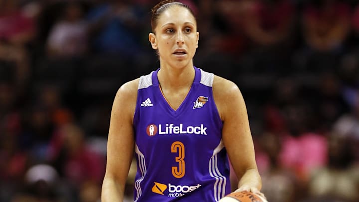 Aug 17, 2013; San Antonio, TX, USA; Phoenix Mercury player  Diana Taurasi (3) brings the ball up court against the San Antonio Silver Stars during the first half at the AT&T Center. Mandatory Credit: Soobum Im-Imagn Images