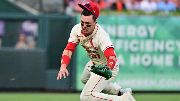 Sep 6, 2025; St. Louis, Missouri, USA; St. Louis Cardinals outfielder Lars Nootbaar (21) makes the catch on a fly ball to left field by San Francisco Giants catcher Patrick Bailey (14) in the second inning at Busch Stadium. Mandatory Credit: Tim Vizer-Imagn Images Sep 6, 2025; St. Louis, Missouri, USA; St. Louis Cardinals outfielder Lars Nootbaar (21) makes the catch on a fly ball to left field by San Francisco Giants catcher Patrick Bailey (14) in the second inning at Busch Stadium. Mandatory Credit: Tim Vizer-Imagn Images