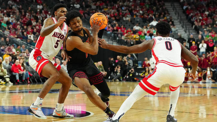 Mar 14, 2024; Las Vegas, NV, USA; Southern California Trojans guard Bronny James (6) drives the lane. Mar 14, 2024; Las Vegas, NV, USA; Southern California Trojans guard Bronny James (6) drives the lane.