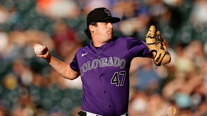 Jun 17, 2024; Denver, Colorado, USA; Colorado Rockies starting pitcher Cal Quantrill (47) pitches in the first inning against the Los Angeles Dodgers at Coors Field. Mandatory Credit: Isaiah J. Downing-USA TODAY Sports Jun 17, 2024; Denver, Colorado, USA; Colorado Rockies starting pitcher Cal Quantrill (47) pitches in the first inning against the Los Angeles Dodgers at Coors Field. Mandatory Credit: Isaiah J. Downing-USA TODAY Sports