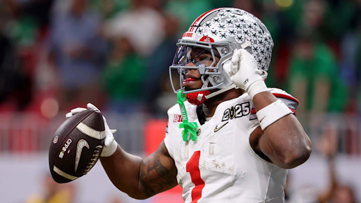 Jan 20, 2025; Atlanta, GA, USA; Ohio State Buckeyes running back Quinshon Judkins (1) reacts after scoring a touchdown against the Notre Dame Fighting Irish during the first half the CFP National Championship college football game at Mercedes-Benz Stadium. Mandatory Credit: Brett Davis-Imagn Images
