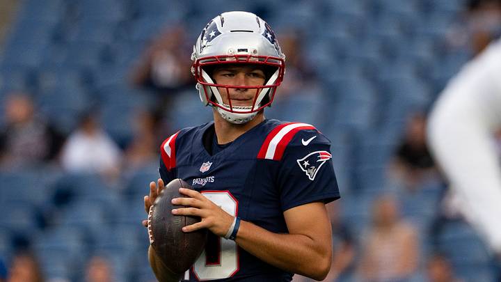 Aug 13, 2026; Foxborough, Massachusetts, USA; New England Patriots quarterback Drake Maye (10) warms up before a preseason game against the Indianapolis Colts at Gillette Stadium. Mandatory Credit: Natalie Reid-Imagn Images