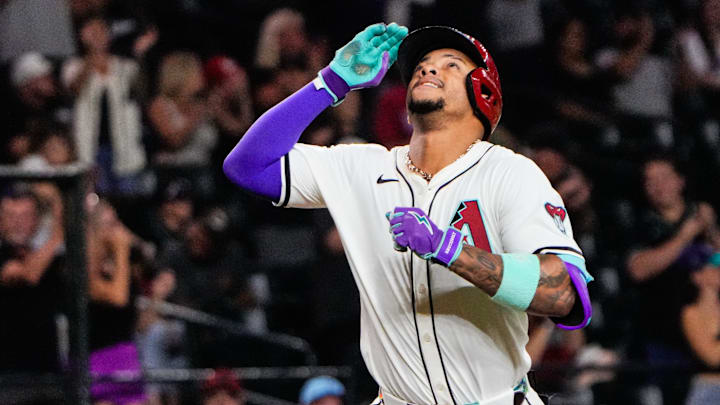 Sep 2, 2025; Phoenix, Arizona, USA; Arizona Diamondbacks second base Ketel Marte (4) celebrates his three run home run in the seventh inning against the Texas Rangers at Chase Field. Mandatory Credit: Arianna Grainey-Imagn Images Sep 2, 2025; Phoenix, Arizona, USA; Arizona Diamondbacks second base Ketel Marte (4) celebrates his three run home run in the seventh inning against the Texas Rangers at Chase Field. Mandatory Credit: Arianna Grainey-Imagn Images