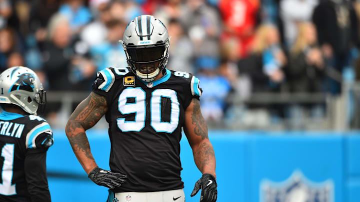 Dec 24, 2017; Charlotte, NC, USA; Carolina Panthers defensive end Julius Peppers (90) on the field in the second quarter at Bank of America Stadium. Mandatory Credit: Bob Donnan-Imagn Images