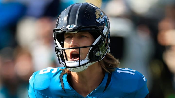 Jacksonville Jaguars quarterback Trevor Lawrence (16) reacts to a false start during the first quarter of an NFL football AFC Wild Card playoff matchup, Sunday, Jan. 11, 2026, in Jacksonville, Fla. The Bills defeated the Jaguars 27-24. [Corey Perrine/Florida Times-Union]