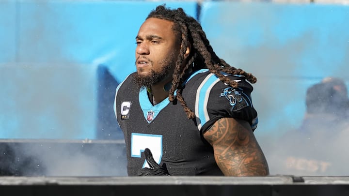 Dec 18, 2022; Charlotte, North Carolina, USA; Carolina Panthers linebacker Shaq Thompson (7) takes the field during the first quarter against the Pittsburgh Steelers at Bank of America Stadium. Mandatory Credit: Jim Dedmon-Imagn Images