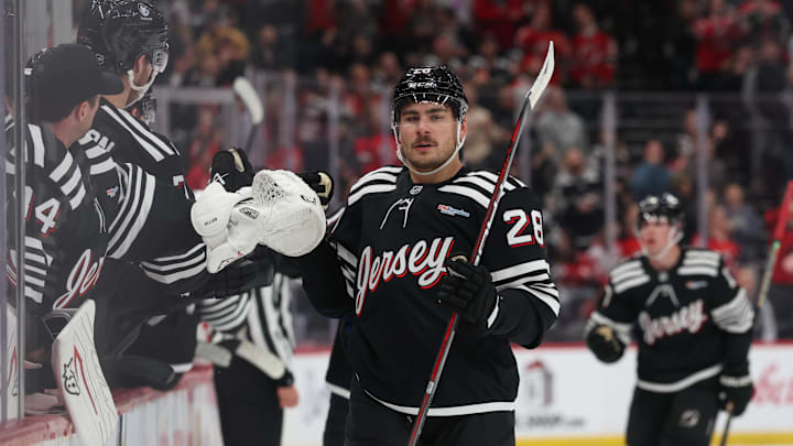 New Jersey Devils right wing Timo Meier (28) celebrates his goal: Ed Mulholland-Imagn Images