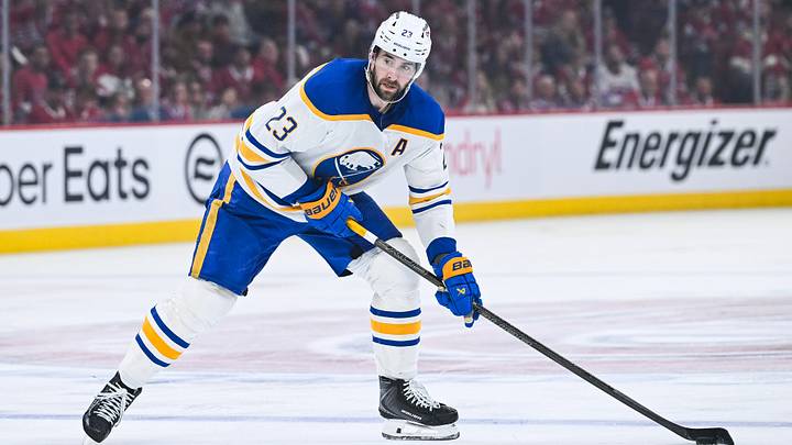 May 16, 2026; Montreal, Quebec, CAN; Buffalo Sabres defenseman Mattias Samuelsson (23) plays the puck against the Montreal Canadiens during the second period in game six of the second round of the 2026 Stanley Cup Playoffs at Bell Centre. Mandatory Credit: David Kirouac-Imagn Images