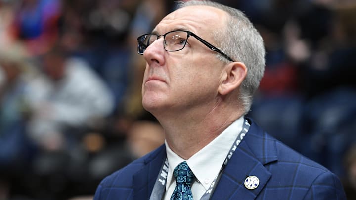 Mar 17, 2024; Nashville, TN, USA;  SEC commissioner Greg Sankey looks on before the SEC Tournament