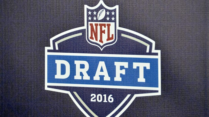 Apr 28, 2016; Los Angeles, CA, USA; General view of 2016 NFL Draft logo at Los Angeles Rams draft