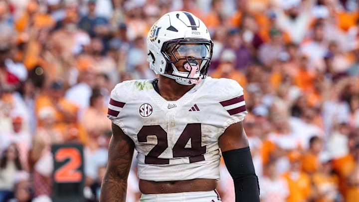 Sep 27, 2025; Starkville, Mississippi, USA; Mississippi State Bulldogs running back Fluff Bothwell (24) looks on during the second half against the Tennessee Volunteers at Davis Wade Stadium at Scott Field. Mandatory Credit: Wesley Hale-Imagn Images