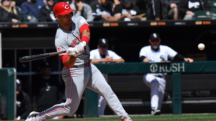 Apr 13, 2024; Chicago, Illinois, USA; Cincinnati Reds catcher Luke Maile (22) hits a two-run single Apr 13, 2024; Chicago, Illinois, USA; Cincinnati Reds catcher Luke Maile (22) hits a two-run single