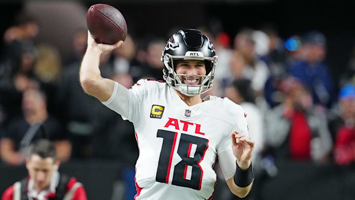 Dec 16, 2024; Paradise, Nevada, USA; Atlanta Falcons quarterback Kirk Cousins (18) warms up before a game against the Las Vegas Raiders at Allegiant Stadium. Mandatory Credit: Stephen R. Sylvanie-Imagn Images Dec 16, 2024; Paradise, Nevada, USA; Atlanta Falcons quarterback Kirk Cousins (18) warms up before a game against the Las Vegas Raiders at Allegiant Stadium. Mandatory Credit: Stephen R. Sylvanie-Imagn Images